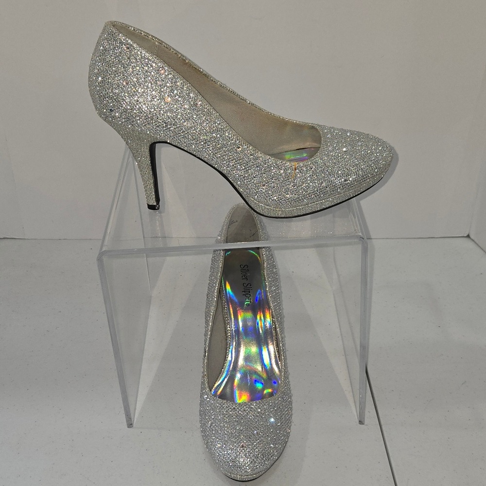Silver Slipper Mirage Silver Glitter Rhinestone Platform Pumps Heels Mens 8.5M